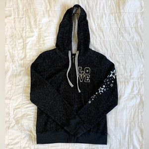 Junior zip up hoodie. Junior Size L. Heather Black.